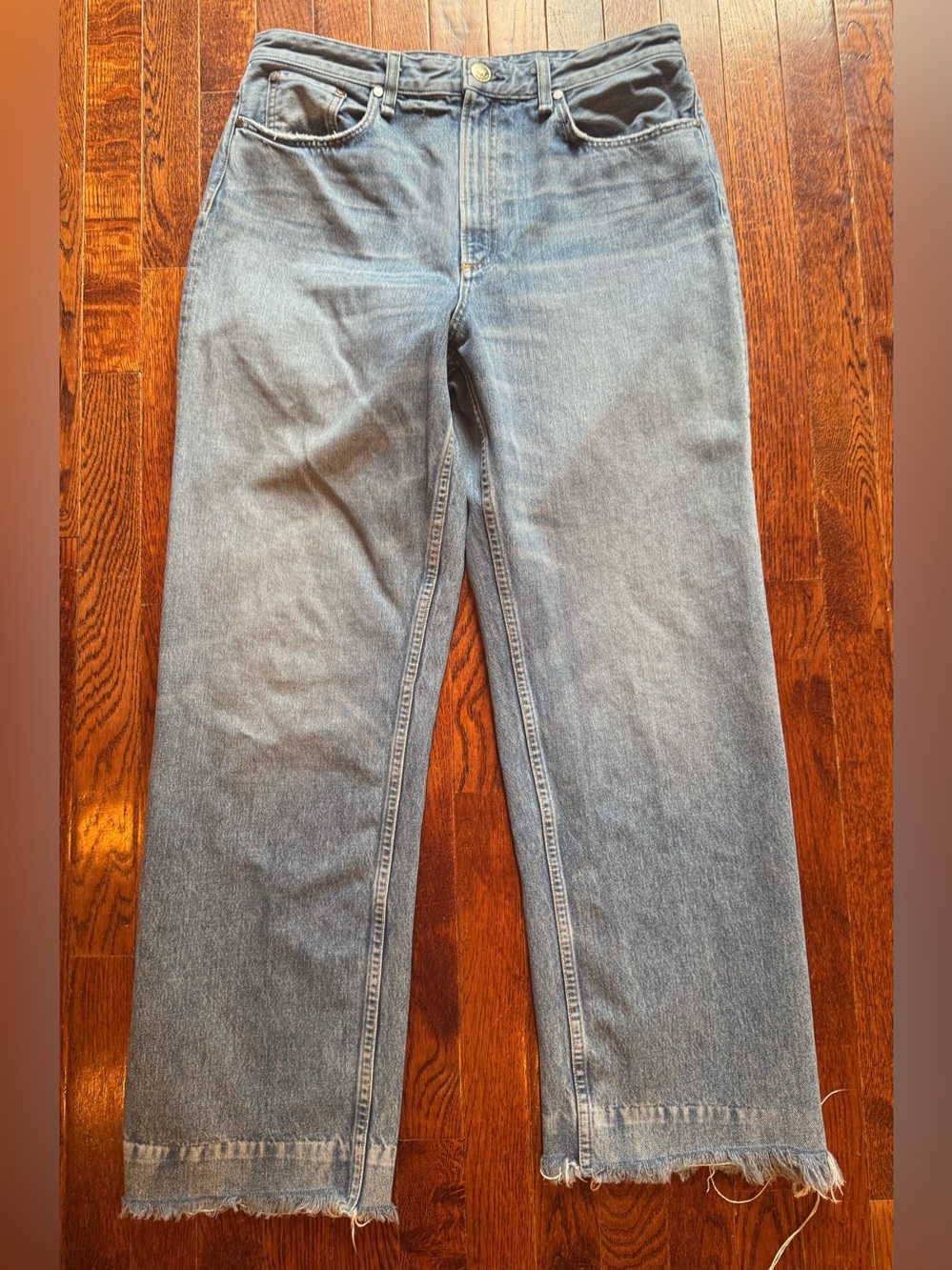rag & bone Ruth Super High Rise Straight Leg Raw Hem Jeans Blue Sz 32 Bay Water